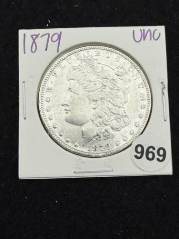 1879 UNC Morgan Silver Dollar Coin: KEY WORDS: INDIAN ARTIFACT ARTIFACTS ARROWHEAD ARROWHEADS NATIVE AMERICAN MISSISSIPPIAN QUAPAW CADDO POTTERY COINS MORGAN DOLLAR PEACE DOLLAR SILVER COINS. All coins have been Sigma tested for authent
