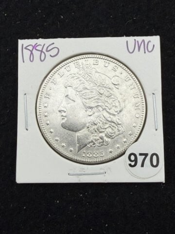 1885 UNC Morgan Silver Dollar Coin: KEY WORDS: INDIAN ARTIFACT ARTIFACTS ARROWHEAD ARROWHEADS NATIVE AMERICAN MISSISSIPPIAN QUAPAW CADDO POTTERY COINS MORGAN DOLLAR PEACE DOLLAR SILVER COINS. All coins have been Sigma tested for authent