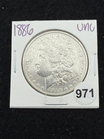 1886 UNC Morgan Silver Dollar Coin: KEY WORDS: INDIAN ARTIFACT ARTIFACTS ARROWHEAD ARROWHEADS NATIVE AMERICAN MISSISSIPPIAN QUAPAW CADDO POTTERY COINS MORGAN DOLLAR PEACE DOLLAR SILVER COINS. All coins have been Sigma tested for authent