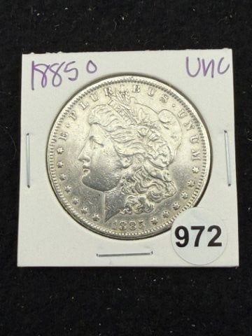 1885 O UNC Morgan Silver Dollar Coin: KEY WORDS: INDIAN ARTIFACT ARTIFACTS ARROWHEAD ARROWHEADS NATIVE AMERICAN MISSISSIPPIAN QUAPAW CADDO POTTERY COINS MORGAN DOLLAR PEACE DOLLAR SILVER COINS. All coins have been Sigma tested for authent