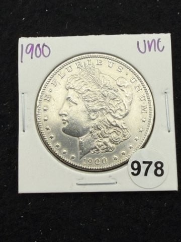 1900 UNC Morgan Silver Dollar Coin: KEY WORDS: INDIAN ARTIFACT ARTIFACTS ARROWHEAD ARROWHEADS NATIVE AMERICAN MISSISSIPPIAN QUAPAW CADDO POTTERY COINS MORGAN DOLLAR PEACE DOLLAR SILVER COINS. All coins have been Sigma tested for authent