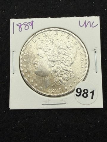 1889 UNC Morgan Silver Dollar Coin: KEY WORDS: INDIAN ARTIFACT ARTIFACTS ARROWHEAD ARROWHEADS NATIVE AMERICAN MISSISSIPPIAN QUAPAW CADDO POTTERY COINS MORGAN DOLLAR PEACE DOLLAR SILVER COINS. All coins have been Sigma tested for authent