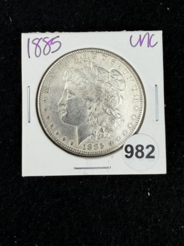 1885 UNC Morgan Silver Dollar Coin: KEY WORDS: INDIAN ARTIFACT ARTIFACTS ARROWHEAD ARROWHEADS NATIVE AMERICAN MISSISSIPPIAN QUAPAW CADDO POTTERY COINS MORGAN DOLLAR PEACE DOLLAR SILVER COINS. All coins have been Sigma tested for authent