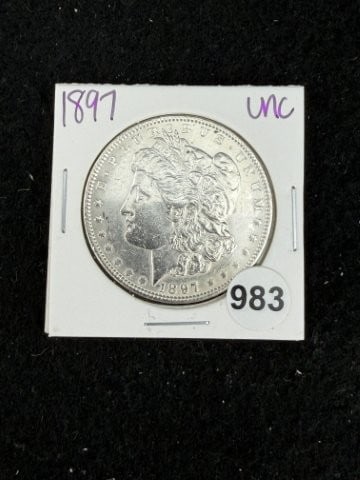 1897 UNC Morgan Silver Dollar Coin: KEY WORDS: INDIAN ARTIFACT ARTIFACTS ARROWHEAD ARROWHEADS NATIVE AMERICAN MISSISSIPPIAN QUAPAW CADDO POTTERY COINS MORGAN DOLLAR PEACE DOLLAR SILVER COINS. All coins have been Sigma tested for authent