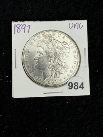 1897 UNC Morgan Silver Dollar Coin: KEY WORDS: INDIAN ARTIFACT ARTIFACTS ARROWHEAD ARROWHEADS NATIVE AMERICAN MISSISSIPPIAN QUAPAW CADDO POTTERY COINS MORGAN DOLLAR PEACE DOLLAR SILVER COINS. All coins have been Sigma tested for authent
