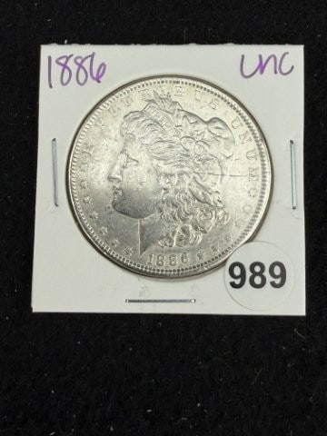 1886 UNC Morgan Silver Dollar Coin: KEY WORDS: INDIAN ARTIFACT ARTIFACTS ARROWHEAD ARROWHEADS NATIVE AMERICAN MISSISSIPPIAN QUAPAW CADDO POTTERY COINS MORGAN DOLLAR PEACE DOLLAR SILVER COINS. All coins have been Sigma tested for authent