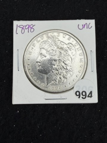 1898 UNC Morgan Silver Dollar Coin: KEY WORDS: INDIAN ARTIFACT ARTIFACTS ARROWHEAD ARROWHEADS NATIVE AMERICAN MISSISSIPPIAN QUAPAW CADDO POTTERY COINS MORGAN DOLLAR PEACE DOLLAR SILVER COINS. All coins have been Sigma tested for authent