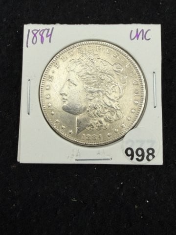 1884 UNC Morgan Silver Dollar Coin: KEY WORDS: INDIAN ARTIFACT ARTIFACTS ARROWHEAD ARROWHEADS NATIVE AMERICAN MISSISSIPPIAN QUAPAW CADDO POTTERY COINS MORGAN DOLLAR PEACE DOLLAR SILVER COINS. All coins have been Sigma tested for authent