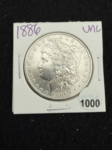 1886 UNC Morgan Silver Dollar Coin: KEY WORDS: INDIAN ARTIFACT ARTIFACTS ARROWHEAD ARROWHEADS NATIVE AMERICAN MISSISSIPPIAN QUAPAW CADDO POTTERY COINS MORGAN DOLLAR PEACE DOLLAR SILVER COINS. All coins have been Sigma tested for authent