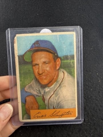 1954 Bowman Enos Slaughter Baseball Card: KEY WORDS: INDIAN ARTIFACT ARTIFACTS ARROWHEAD ARROWHEADS NATIVE AMERICAN MISSISSIPPIAN QUAPAW CADDO POTTERY COINS MORGAN DOLLAR PEACE DOLLAR SILVER COINS. All coins have been Sigma tested for authent