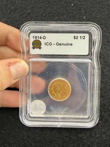 1914-D IGC - Genuine 2 & 1/2 Dollar Gold Coin: KEY WORDS: INDIAN ARTIFACT ARTIFACTS ARROWHEAD ARROWHEADS NATIVE AMERICAN MISSISSIPPIAN QUAPAW CADDO POTTERY COINS MORGAN DOLLAR PEACE DOLLAR SILVER COINS. All coins have been Sigma tested for