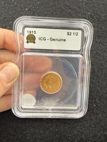1915 IGC - Genuine 2 & 1/2 Dollar Gold Coin: KEY WORDS: INDIAN ARTIFACT ARTIFACTS ARROWHEAD ARROWHEADS NATIVE AMERICAN MISSISSIPPIAN QUAPAW CADDO POTTERY COINS MORGAN DOLLAR PEACE DOLLAR SILVER COINS. All coins have been Sigma tested for authent
