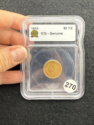 1915 IGC - Genuine 2 & 1/2 Dollar Gold Coin: KEY WORDS: INDIAN ARTIFACT ARTIFACTS ARROWHEAD ARROWHEADS NATIVE AMERICAN MISSISSIPPIAN QUAPAW CADDO POTTERY COINS MORGAN DOLLAR PEACE DOLLAR SILVER COINS. All coins have been Sigma tested for authent