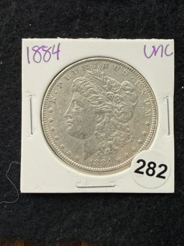 1884 UNC Morgan Silver Dollar Coin: KEY WORDS: INDIAN ARTIFACT ARTIFACTS ARROWHEAD ARROWHEADS NATIVE AMERICAN MISSISSIPPIAN QUAPAW CADDO POTTERY COINS MORGAN DOLLAR PEACE DOLLAR SILVER COINS. All coins have been Sigma tested for authent