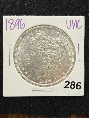 1896 UNC Morgan Silver Dollar Coin: KEY WORDS: INDIAN ARTIFACT ARTIFACTS ARROWHEAD ARROWHEADS NATIVE AMERICAN MISSISSIPPIAN QUAPAW CADDO POTTERY COINS MORGAN DOLLAR PEACE DOLLAR SILVER COINS. All coins have been Sigma tested for authent