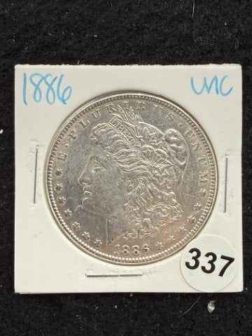 1886 UNC Morgan Silver Dollar Coin: KEY WORDS: INDIAN ARTIFACT ARTIFACTS ARROWHEAD ARROWHEADS NATIVE AMERICAN MISSISSIPPIAN QUAPAW CADDO POTTERY COINS MORGAN DOLLAR PEACE DOLLAR SILVER COINS. All coins have been Sigma tested for authent