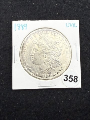 1889 UNC Morgan Silver Dollar Coin: KEY WORDS: INDIAN ARTIFACT ARTIFACTS ARROWHEAD ARROWHEADS NATIVE AMERICAN MISSISSIPPIAN QUAPAW CADDO POTTERY COINS MORGAN DOLLAR PEACE DOLLAR SILVER COINS. All coins have been Sigma tested for authent