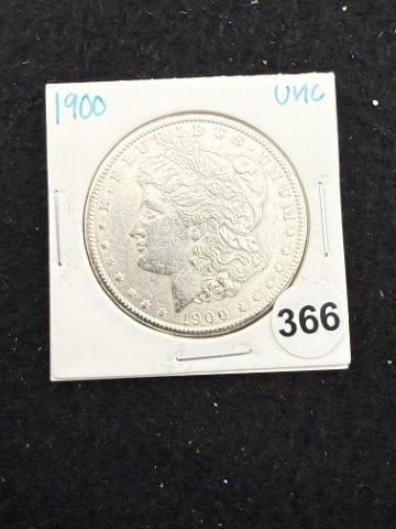 1900 UNC Morgan Silver Dollar Coin: KEY WORDS: INDIAN ARTIFACT ARTIFACTS ARROWHEAD ARROWHEADS NATIVE AMERICAN MISSISSIPPIAN QUAPAW CADDO POTTERY COINS MORGAN DOLLAR PEACE DOLLAR SILVER COINS. All coins have been Sigma tested for