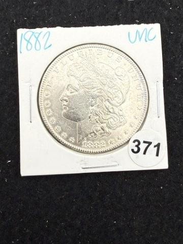 1882 UNC Morgan Silver Dollar Coin: KEY WORDS: INDIAN ARTIFACT ARTIFACTS ARROWHEAD ARROWHEADS NATIVE AMERICAN MISSISSIPPIAN QUAPAW CADDO POTTERY COINS MORGAN DOLLAR PEACE DOLLAR SILVER COINS. All coins have been Sigma tested for