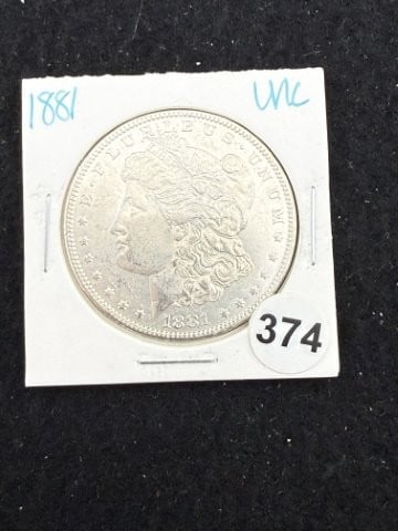1881 UNC Morgan Silver Dollar Coin: KEY WORDS: INDIAN ARTIFACT ARTIFACTS ARROWHEAD ARROWHEADS NATIVE AMERICAN MISSISSIPPIAN QUAPAW CADDO POTTERY COINS MORGAN DOLLAR PEACE DOLLAR SILVER COINS. All coins have been Sigma tested for