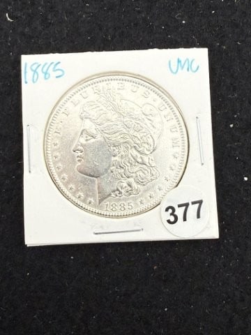 1885 UNC Morgan Silver Dollar Coin: KEY WORDS: INDIAN ARTIFACT ARTIFACTS ARROWHEAD ARROWHEADS NATIVE AMERICAN MISSISSIPPIAN QUAPAW CADDO POTTERY COINS MORGAN DOLLAR PEACE DOLLAR SILVER COINS. All coins have been Sigma tested for