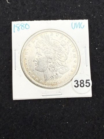 1880 UNC Morgan Silver Dollar Coin: KEY WORDS: INDIAN ARTIFACT ARTIFACTS ARROWHEAD ARROWHEADS NATIVE AMERICAN MISSISSIPPIAN QUAPAW CADDO POTTERY COINS MORGAN DOLLAR PEACE DOLLAR SILVER COINS. All coins have been Sigma tested for authent