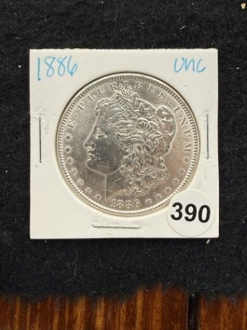 1886 UNC Morgan Silver Dollar Coin: KEY WORDS: INDIAN ARTIFACT ARTIFACTS ARROWHEAD ARROWHEADS NATIVE AMERICAN MISSISSIPPIAN QUAPAW CADDO POTTERY COINS MORGAN DOLLAR PEACE DOLLAR SILVER COINS. All coins have been Sigma tested for authent