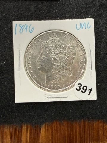 1896 UNC Morgan Silver Dollar Coin: KEY WORDS: INDIAN ARTIFACT ARTIFACTS ARROWHEAD ARROWHEADS NATIVE AMERICAN MISSISSIPPIAN QUAPAW CADDO POTTERY COINS MORGAN DOLLAR PEACE DOLLAR SILVER COINS. All coins have been Sigma tested for authent