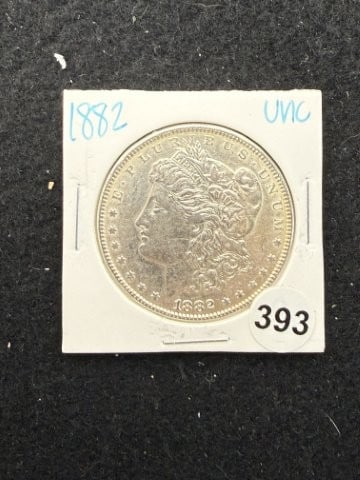 1882 UNC Morgan Silver Dollar Coin: KEY WORDS: INDIAN ARTIFACT ARTIFACTS ARROWHEAD ARROWHEADS NATIVE AMERICAN MISSISSIPPIAN QUAPAW CADDO POTTERY COINS MORGAN DOLLAR PEACE DOLLAR SILVER COINS. All coins have been Sigma tested for