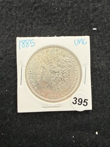 1885 UNC Morgan Silver Dollar Coin: KEY WORDS: INDIAN ARTIFACT ARTIFACTS ARROWHEAD ARROWHEADS NATIVE AMERICAN MISSISSIPPIAN QUAPAW CADDO POTTERY COINS MORGAN DOLLAR PEACE DOLLAR SILVER COINS. All coins have been Sigma tested for