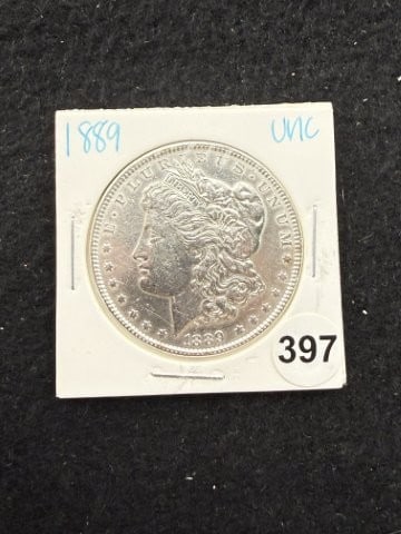 1889 UNC Morgan Silver Dollar Coin: KEY WORDS: INDIAN ARTIFACT ARTIFACTS ARROWHEAD ARROWHEADS NATIVE AMERICAN MISSISSIPPIAN QUAPAW CADDO POTTERY COINS MORGAN DOLLAR PEACE DOLLAR SILVER COINS. All coins have been Sigma tested for authent