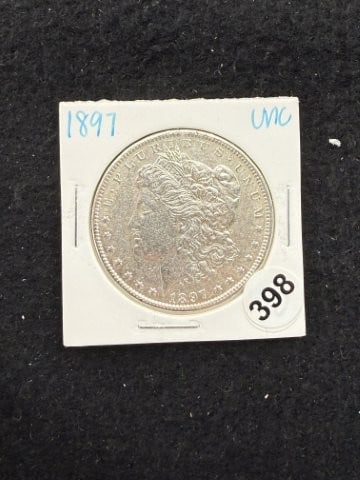1897 UNC Morgan Silver Dollar Coin: KEY WORDS: INDIAN ARTIFACT ARTIFACTS ARROWHEAD ARROWHEADS NATIVE AMERICAN MISSISSIPPIAN QUAPAW CADDO POTTERY COINS MORGAN DOLLAR PEACE DOLLAR SILVER COINS. All coins have been Sigma tested for authent