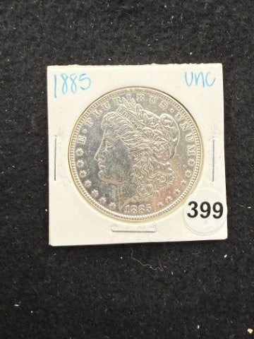 1885 UNC Morgan Silver Dollar Coin: KEY WORDS: INDIAN ARTIFACT ARTIFACTS ARROWHEAD ARROWHEADS NATIVE AMERICAN MISSISSIPPIAN QUAPAW CADDO POTTERY COINS MORGAN DOLLAR PEACE DOLLAR SILVER COINS. All coins have been Sigma tested for authent