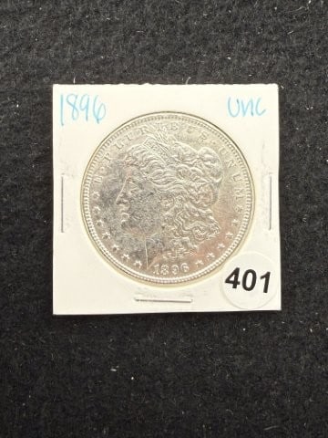 1896 UNC Morgan Silver Dollar Coin: KEY WORDS: INDIAN ARTIFACT ARTIFACTS ARROWHEAD ARROWHEADS NATIVE AMERICAN MISSISSIPPIAN QUAPAW CADDO POTTERY COINS MORGAN DOLLAR PEACE DOLLAR SILVER COINS. All coins have been Sigma tested for authent