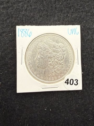 1886 UNC Morgan Silver Dollar Coin: KEY WORDS: INDIAN ARTIFACT ARTIFACTS ARROWHEAD ARROWHEADS NATIVE AMERICAN MISSISSIPPIAN QUAPAW CADDO POTTERY COINS MORGAN DOLLAR PEACE DOLLAR SILVER COINS. All coins have been Sigma tested for authent