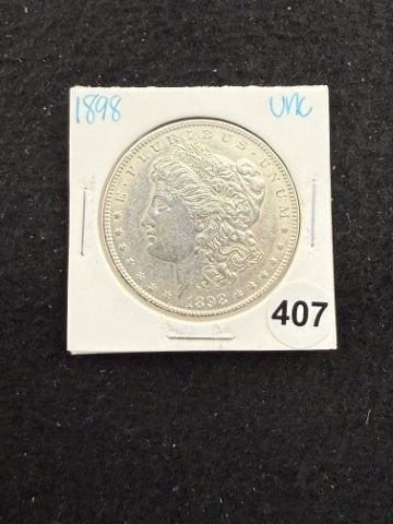1898 UNC Morgan Silver Dollar Coin: KEY WORDS: INDIAN ARTIFACT ARTIFACTS ARROWHEAD ARROWHEADS NATIVE AMERICAN MISSISSIPPIAN QUAPAW CADDO POTTERY COINS MORGAN DOLLAR PEACE DOLLAR SILVER COINS. All coins have been Sigma tested for authent