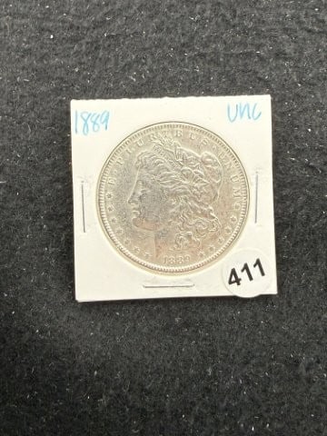 1889 UNC Morgan Silver Dollar Coin: KEY WORDS: INDIAN ARTIFACT ARTIFACTS ARROWHEAD ARROWHEADS NATIVE AMERICAN MISSISSIPPIAN QUAPAW CADDO POTTERY COINS MORGAN DOLLAR PEACE DOLLAR SILVER COINS. All coins have been Sigma tested for authent