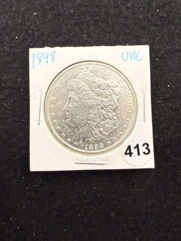 1898 UNC Morgan Silver Dollar Coin: KEY WORDS: INDIAN ARTIFACT ARTIFACTS ARROWHEAD ARROWHEADS NATIVE AMERICAN MISSISSIPPIAN QUAPAW CADDO POTTERY COINS MORGAN DOLLAR PEACE DOLLAR SILVER COINS. All coins have been Sigma tested for authent