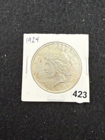 1924 Peace Silver Dollar Coin: KEY WORDS: INDIAN ARTIFACT ARTIFACTS ARROWHEAD ARROWHEADS NATIVE AMERICAN MISSISSIPPIAN QUAPAW CADDO POTTERY COINS MORGAN DOLLAR PEACE DOLLAR SILVER COINS. All coins have been Sigma tested for authent