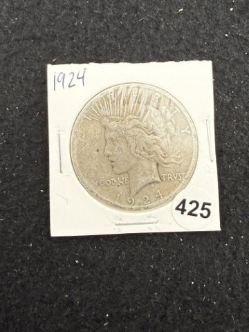 1924 Peace Silver Dollar Coin: KEY WORDS: INDIAN ARTIFACT ARTIFACTS ARROWHEAD ARROWHEADS NATIVE AMERICAN MISSISSIPPIAN QUAPAW CADDO POTTERY COINS MORGAN DOLLAR PEACE DOLLAR SILVER COINS. All coins have been Sigma tested for authent
