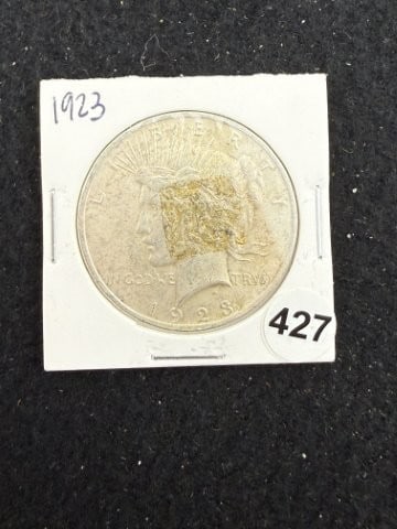 1923 Peace Silver Dollar Coin: KEY WORDS: INDIAN ARTIFACT ARTIFACTS ARROWHEAD ARROWHEADS NATIVE AMERICAN MISSISSIPPIAN QUAPAW CADDO POTTERY COINS MORGAN DOLLAR PEACE DOLLAR SILVER COINS. All coins have been Sigma tested for authent