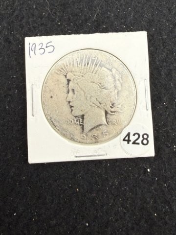 1935 Peace Silver Dollar Coin: KEY WORDS: INDIAN ARTIFACT ARTIFACTS ARROWHEAD ARROWHEADS NATIVE AMERICAN MISSISSIPPIAN QUAPAW CADDO POTTERY COINS MORGAN DOLLAR PEACE DOLLAR SILVER COINS. All coins have been Sigma tested for authent