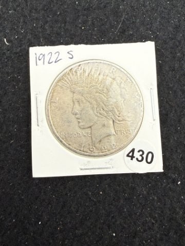 1922 S Peace Silver Dollar Coin: KEY WORDS: INDIAN ARTIFACT ARTIFACTS ARROWHEAD ARROWHEADS NATIVE AMERICAN MISSISSIPPIAN QUAPAW CADDO POTTERY COINS MORGAN DOLLAR PEACE DOLLAR SILVER COINS. All coins have been Sigma tested for authent