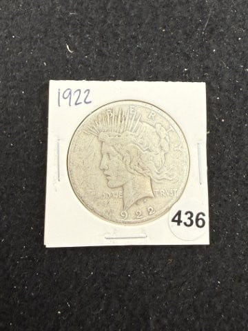 1922 Peace Silver Dollar Coin: KEY WORDS: INDIAN ARTIFACT ARTIFACTS ARROWHEAD ARROWHEADS NATIVE AMERICAN MISSISSIPPIAN QUAPAW CADDO POTTERY COINS MORGAN DOLLAR PEACE DOLLAR SILVER COINS. All coins have been Sigma tested for authent