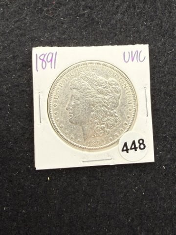 1891 UNC Morgan Silver Dollar Coin: KEY WORDS: INDIAN ARTIFACT ARTIFACTS ARROWHEAD ARROWHEADS NATIVE AMERICAN MISSISSIPPIAN QUAPAW CADDO POTTERY COINS MORGAN DOLLAR PEACE DOLLAR SILVER COINS. All coins have been Sigma tested for authent