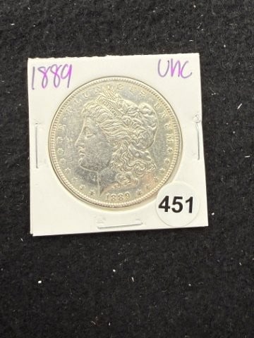 1889 UNC Morgan Silver Dollar Coin: KEY WORDS: INDIAN ARTIFACT ARTIFACTS ARROWHEAD ARROWHEADS NATIVE AMERICAN MISSISSIPPIAN QUAPAW CADDO POTTERY COINS MORGAN DOLLAR PEACE DOLLAR SILVER COINS. All coins have been Sigma tested for authent