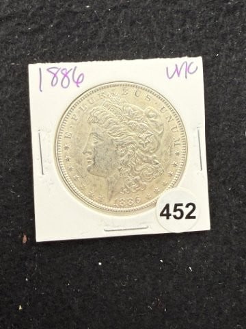 1886 UNC Morgan Silver Dollar Coin: KEY WORDS: INDIAN ARTIFACT ARTIFACTS ARROWHEAD ARROWHEADS NATIVE AMERICAN MISSISSIPPIAN QUAPAW CADDO POTTERY COINS MORGAN DOLLAR PEACE DOLLAR SILVER COINS. All coins have been Sigma tested for authent