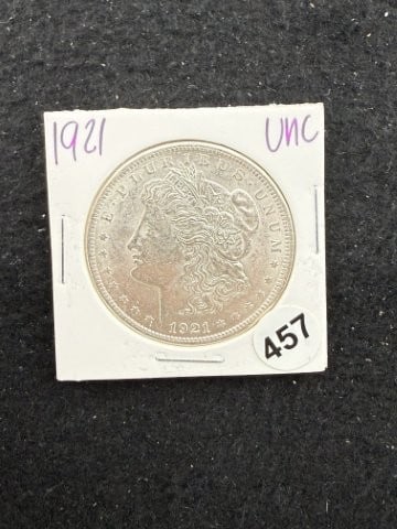 1921 UNC Morgan Silver Dollar Coin: KEY WORDS: INDIAN ARTIFACT ARTIFACTS ARROWHEAD ARROWHEADS NATIVE AMERICAN MISSISSIPPIAN QUAPAW CADDO POTTERY COINS MORGAN DOLLAR PEACE DOLLAR SILVER COINS. All coins have been Sigma tested for authent