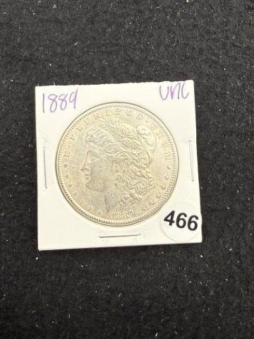 1889 UNC Morgan Silver Dollar Coin: KEY WORDS: INDIAN ARTIFACT ARTIFACTS ARROWHEAD ARROWHEADS NATIVE AMERICAN MISSISSIPPIAN QUAPAW CADDO POTTERY COINS MORGAN DOLLAR PEACE DOLLAR SILVER COINS. All coins have been Sigma tested for authent