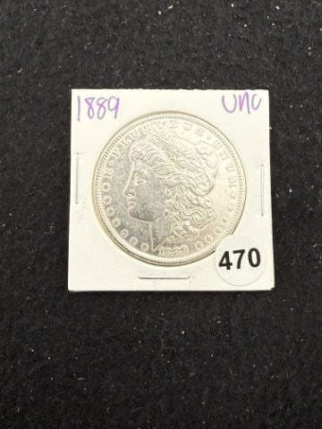 1889 UNC Morgan Silver Dollar Coin: KEY WORDS: INDIAN ARTIFACT ARTIFACTS ARROWHEAD ARROWHEADS NATIVE AMERICAN MISSISSIPPIAN QUAPAW CADDO POTTERY COINS MORGAN DOLLAR PEACE DOLLAR SILVER COINS. All coins have been Sigma tested for authent